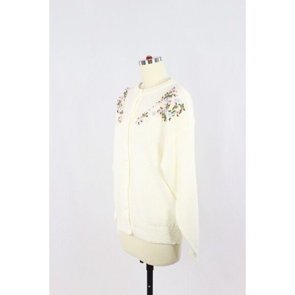 Vintage 00's FUNCTIONALS Ivory Boucle Knit Floral Embroidered Cardigan, Size 36 - Picture 4 of 14